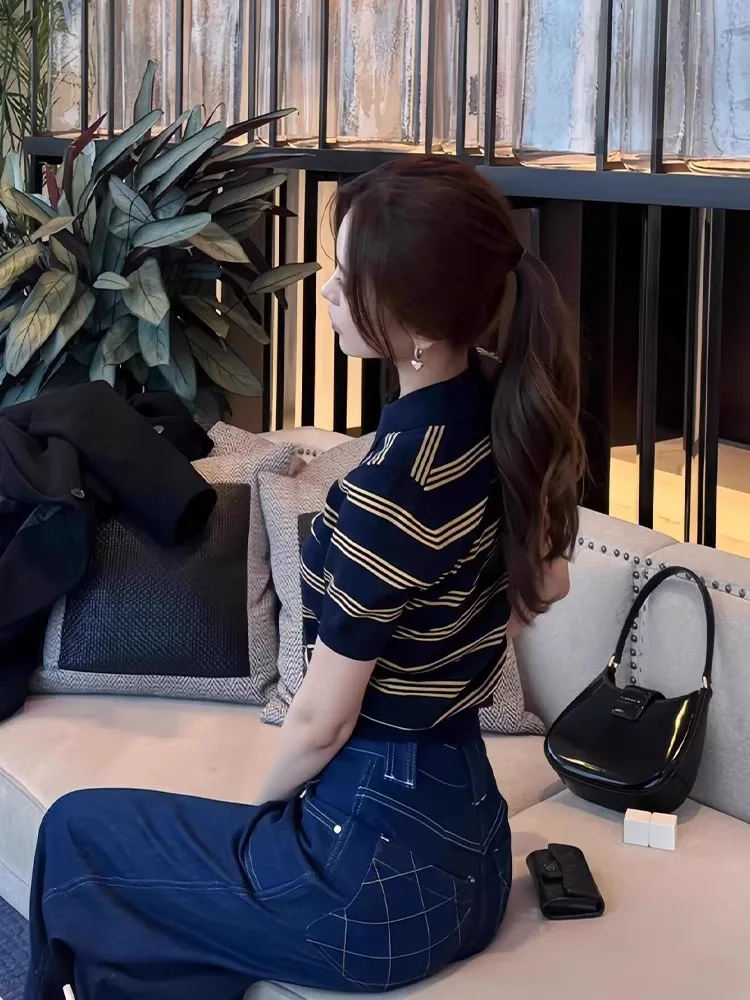 Ele Retro Color Blo  Ne ort Sve T-irt Women Summer Thin Ice Silk Knitted Top Slim Fit Korean Sle Commute