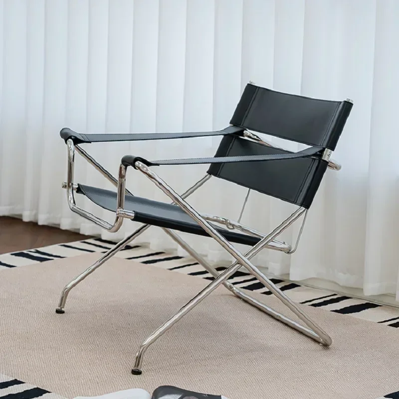 Nordic Saddle Leather Portable Storage Folding Recliner Designer Wassily Single Chair Stainless Steel Single Back Chair Sofa