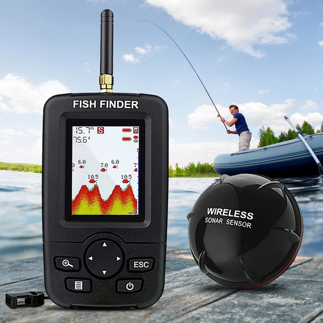 Sonar Kayak Transducer Depth Finder Portable Wireless Fishing Detector  Handheld 45m/147ft LCD Display 125KHZ for Ice Fishing Sea