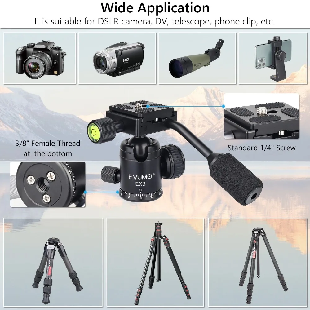 Tripod Ball Head Handle 360° Rotating Panoramic Ballhead with Q.R Plate for Trip