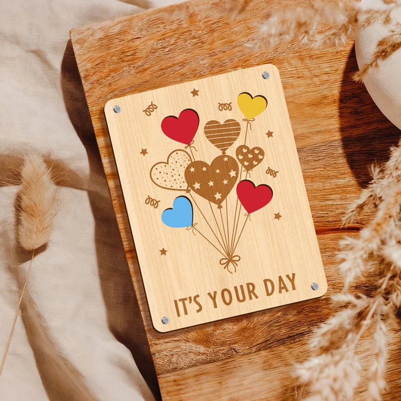 Elegant Wooden Heart Balloon Greeting Card - Perfect for Weddings, Birthdays, and Special Occasions