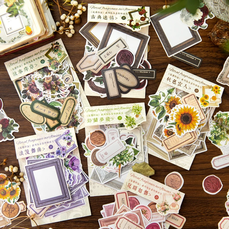 50Pcs/Bag Flower And Frame Labels Stickers Vintage Collage Material Aesthetic Hand Account Notebooks Personalized DIY Journaling