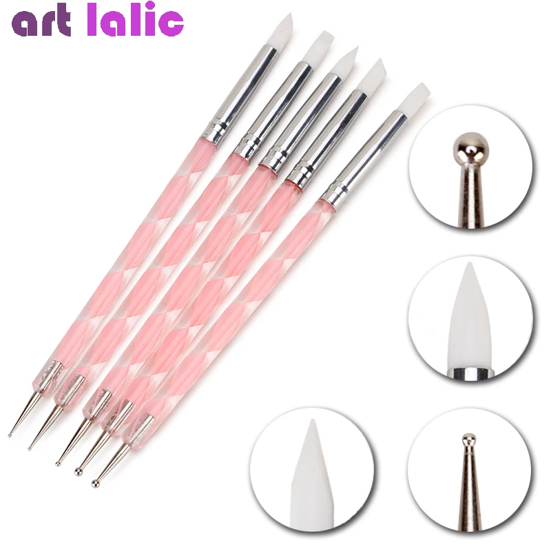 5Pcs 2 웨이 네일 아트 아크릴 실리콘 포인트 꽃 네일 펜 스테인레스 스틸 도..
