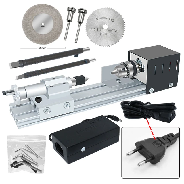 Torno de bricolaje para carpintería BE-TOOL 24V 96W Mini máquina de torno  Juego de torno de bricolaje para carpintería con adaptador de corriente  (estándar de torno en miniatura + función de pulido) 