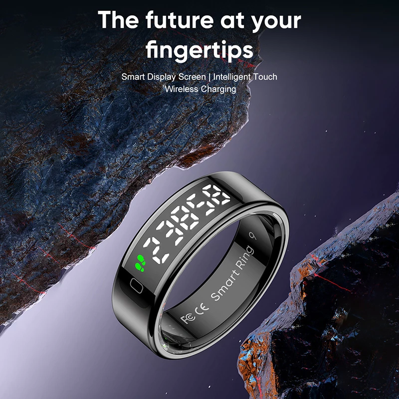 R12 Smart Ring Touch Screen Health Manager Heart Rate/Blood Oxygen Monitor Wireless Charging Waterproof for Universal