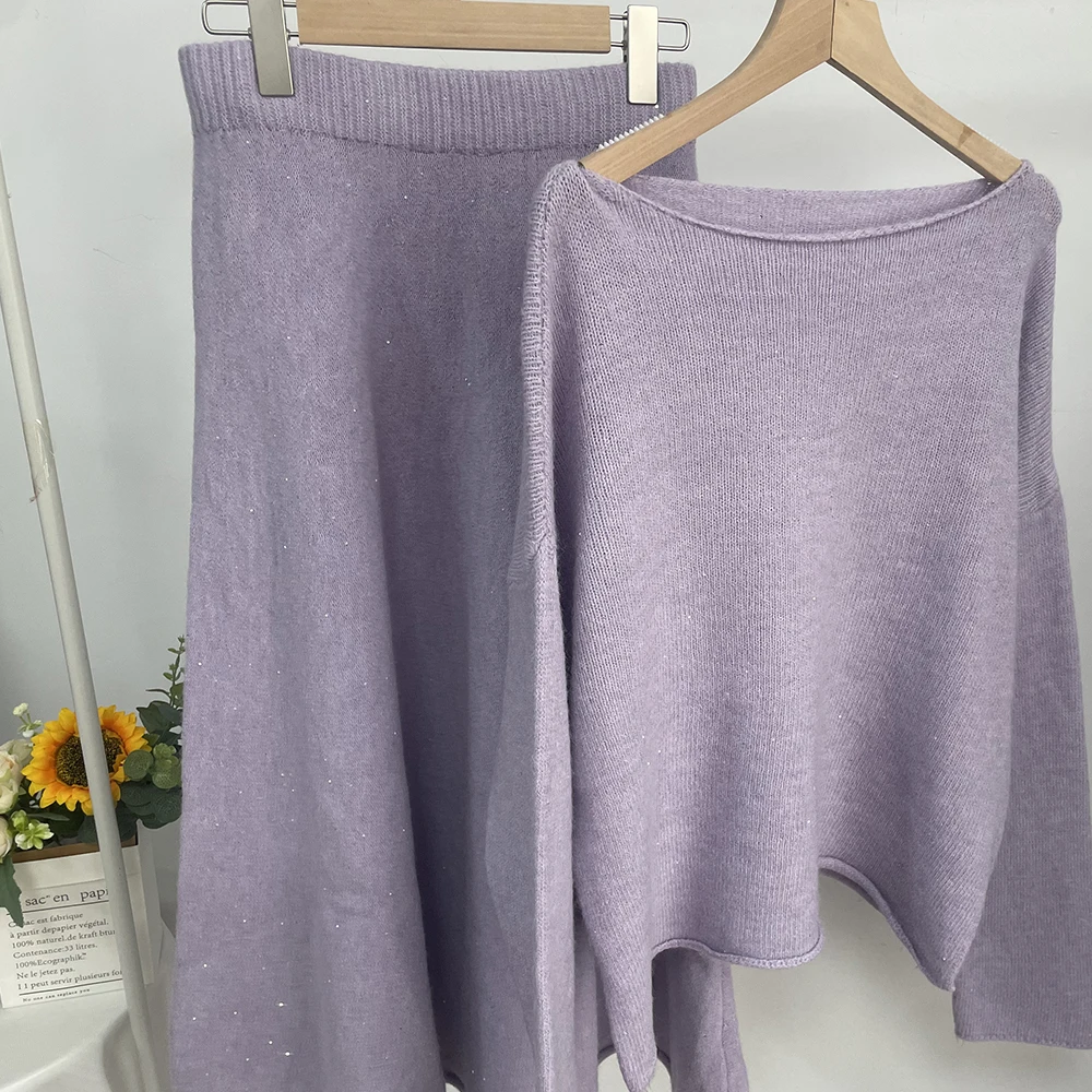 Sexy Soft Elegant Vintage Women Suits 2 Pieces Female Sets Slash Neck Sweater & Midi Dress Bling Knitted TrackSuit