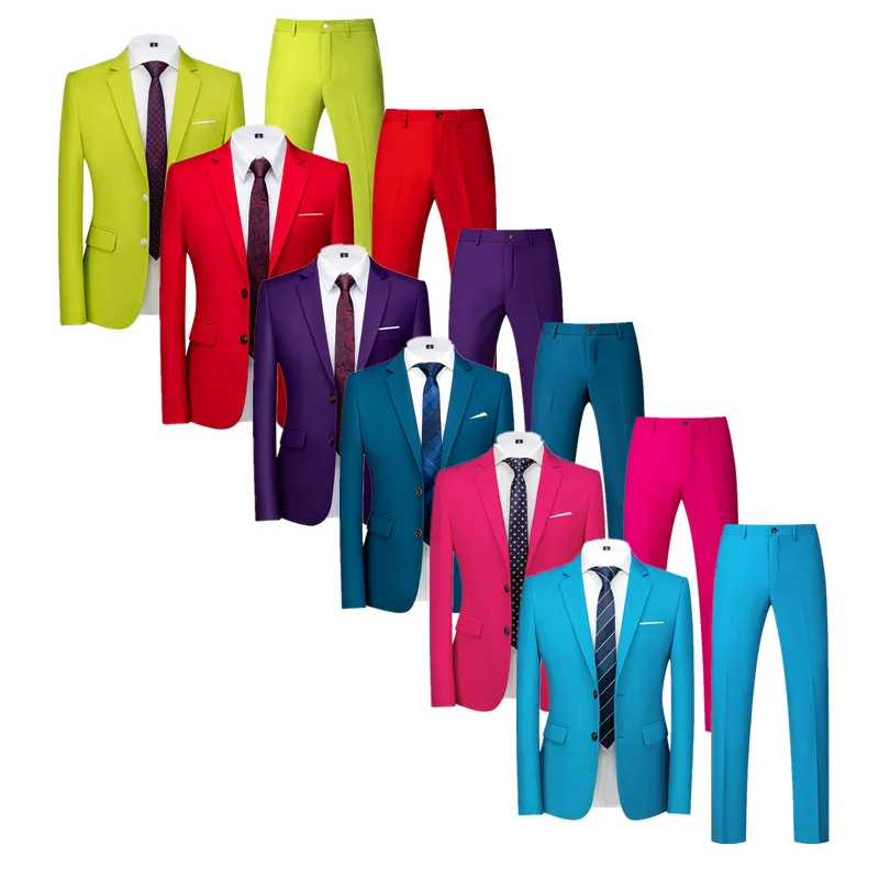 (Blazer + Pant) Men Banquet Groom Wedding Suit 2Piece Male Formal Business Social Ball Party Pure Color Tuxedo Dress Set