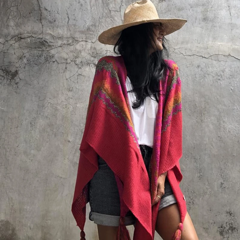 Abrigos Capa De Mujer Poncho Mujer Con Estampado Étnico Chal De