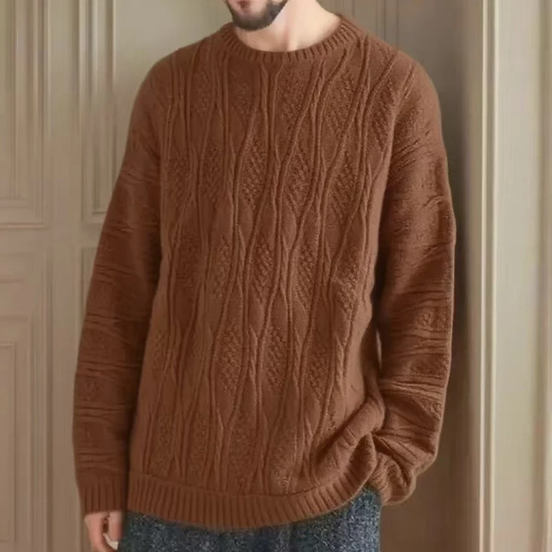 Primavera Autunno Nuovi maglioni casual Moda uomo girocollo manica lunga maglione lavorato a maglia Trendy Twist Textured Crochet Jumper Top 3