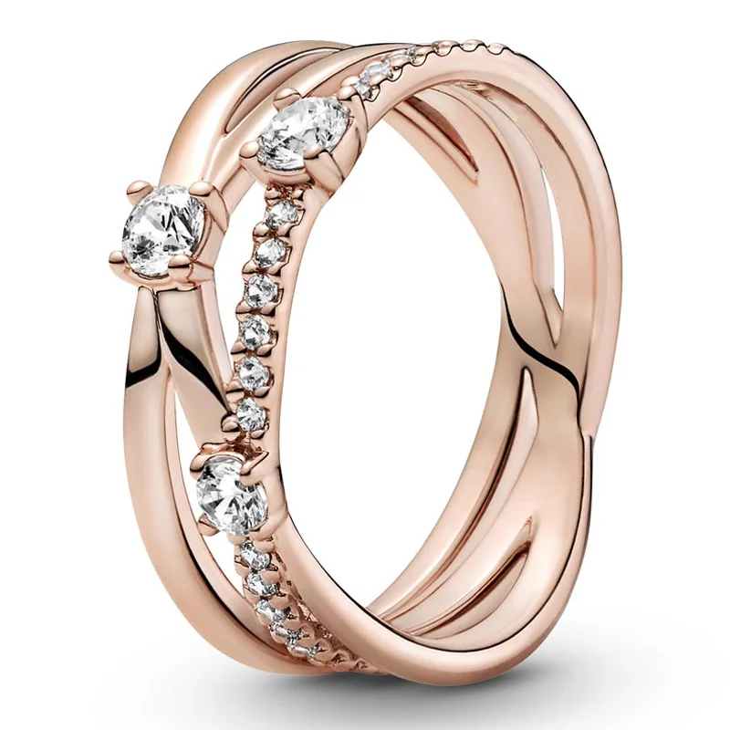 

Original Timeless Pan Rose Triple Band Pave Ring For Women 925 Sterling Silver Wedding Gift Fashion Jewelry