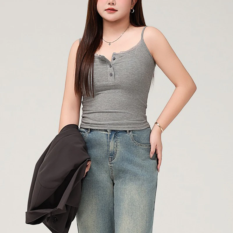 Plus Size Women's's Camis Premium Sexy Slim Modal Stretch Front Button Lace Comfort Top Autumn 2025