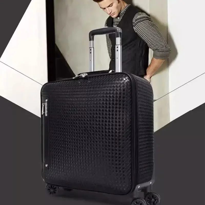 Genuine Leather Trolley Case 20 Inch Men's Business Boarding Suitcase Universal Wheel Luggage Bag 16 Inch Woven Pattern Leather