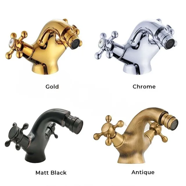 ก๊อกน้ำอ่างล้างหน้าแบบมือจับคู่สีทองโบราณ น้ำร้อนน้ำเย็น แบบรูเดียว สีบรอนซ์ ก๊อกน้ำอ่างล้างหน้าสีดำ ก๊อกผสมแบบวินเทจสำหรับห้องน้ำ 1
