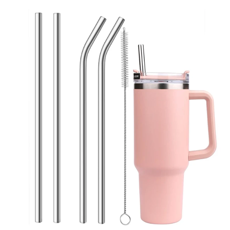 Palha de aço inoxidável reutilizável de 10mm de largura e 12 polegadas, 6 canudos grandes com escova de limpeza para acessórios de copo Stanley