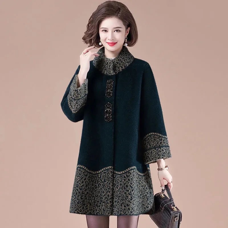 

Mink Velvet Coat Ladies Medium Long Middle-Aged Elderly Women Jacket 2023 Autumn Winter New Outerwear Female Woolen Overcoat Top