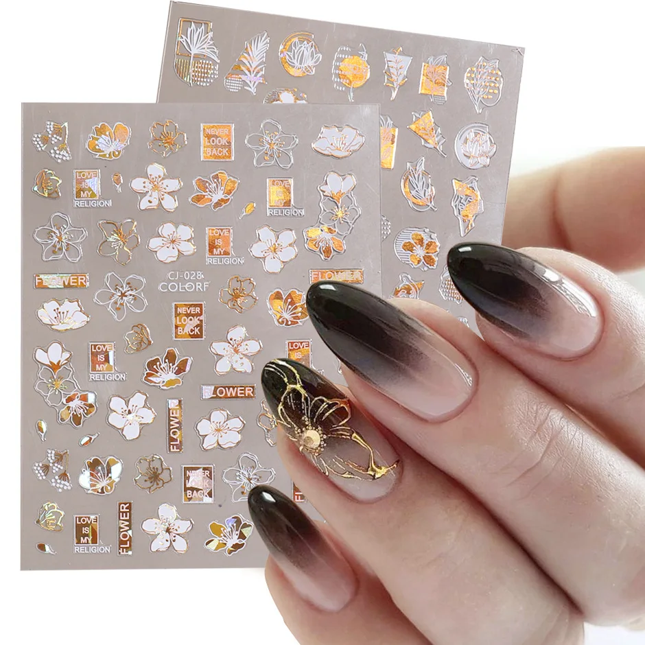 

3D White Gold Flowers Leaves Nail Stickers Nail Art Supplies Abstract Line Art Stickers Nail Art Decals Nail Art Decoration