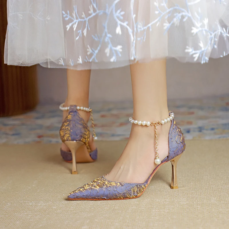 Summer 2024 New Women's Sandals Pointed Toe Pearl Pleated Face Stiletto Banquet Dress Shoes