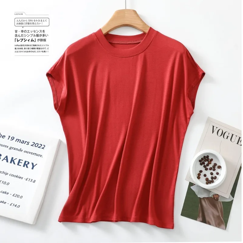 2024 New Summer Short Sleeve Top Pajamas Pure Cotton Round Neck Sleeveless T-shirt Women's Loose Large Solid Home Furnishing