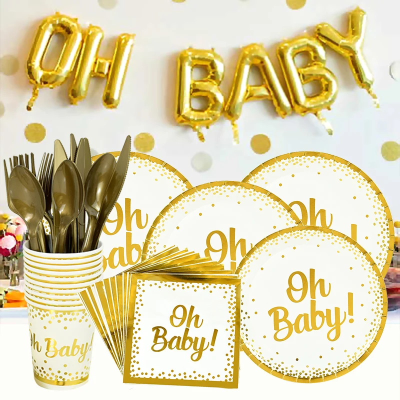 

Gold Oh Baby Disposable Tableware Paper Plates Cups Napkin for Kids Birthday Gender Reveal Party Decoration Baby Shower Supplies