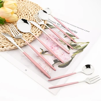 Drmfiy specchio rosa argento stoviglie 6 pezzi Set di posate Set di posate in acciaio inox cena coltello cucchiaio forchetta stoviglie Set di posate da cucina 1