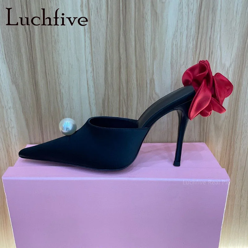 

2024 Summer New Satin Flower Thin High Heels Slippers Slip On Pointed Toe Pearl Mules Brand Sexy Slingback Party Sandals Women