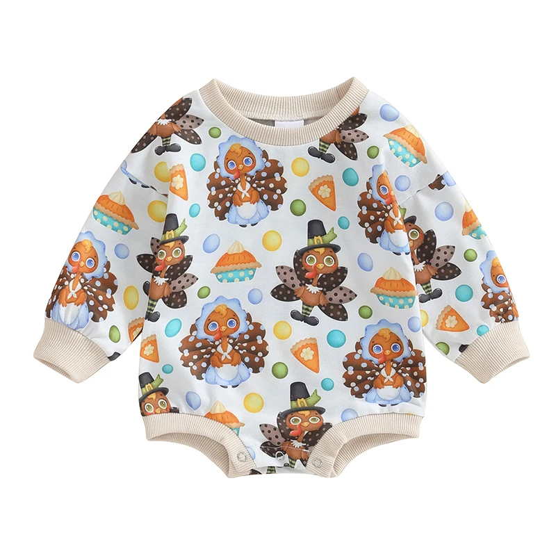 

Infant Baby Thanksgiving Sweatshirt Jumpsuit Cartoon Turkey Print Round Neck Long Sleeve Romper Toddler Clothes