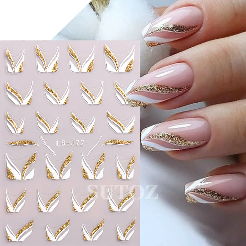 Description Picture 4 of itemShiny Glitter French Lines Nails Stickers Waves Curve Ribbon White Gold Stripes Manicure Decals Nails Charming Decoration LS-J72