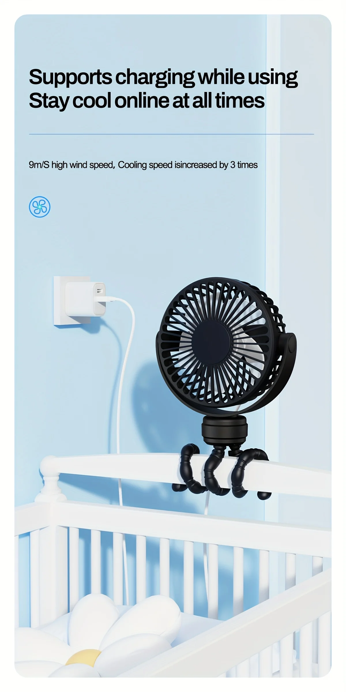 Portable Flexible Tripod Mini Fan 3-Speed Rechargeable Stroller Fan with 360° Rotation Hands-Free Personal Cooling Fan for Baby