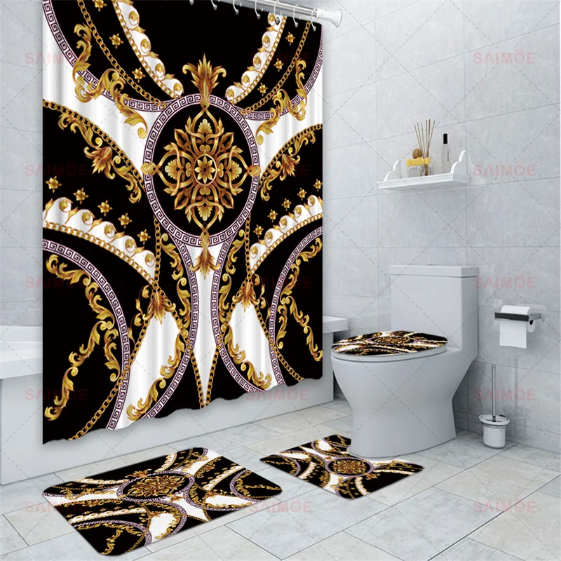 

Golden Black Baroque Satin Weave Necklace Bathroom Set Luxury Chains Waterproof Shower Curtain Toilet Cover Mat Non Slip Rug