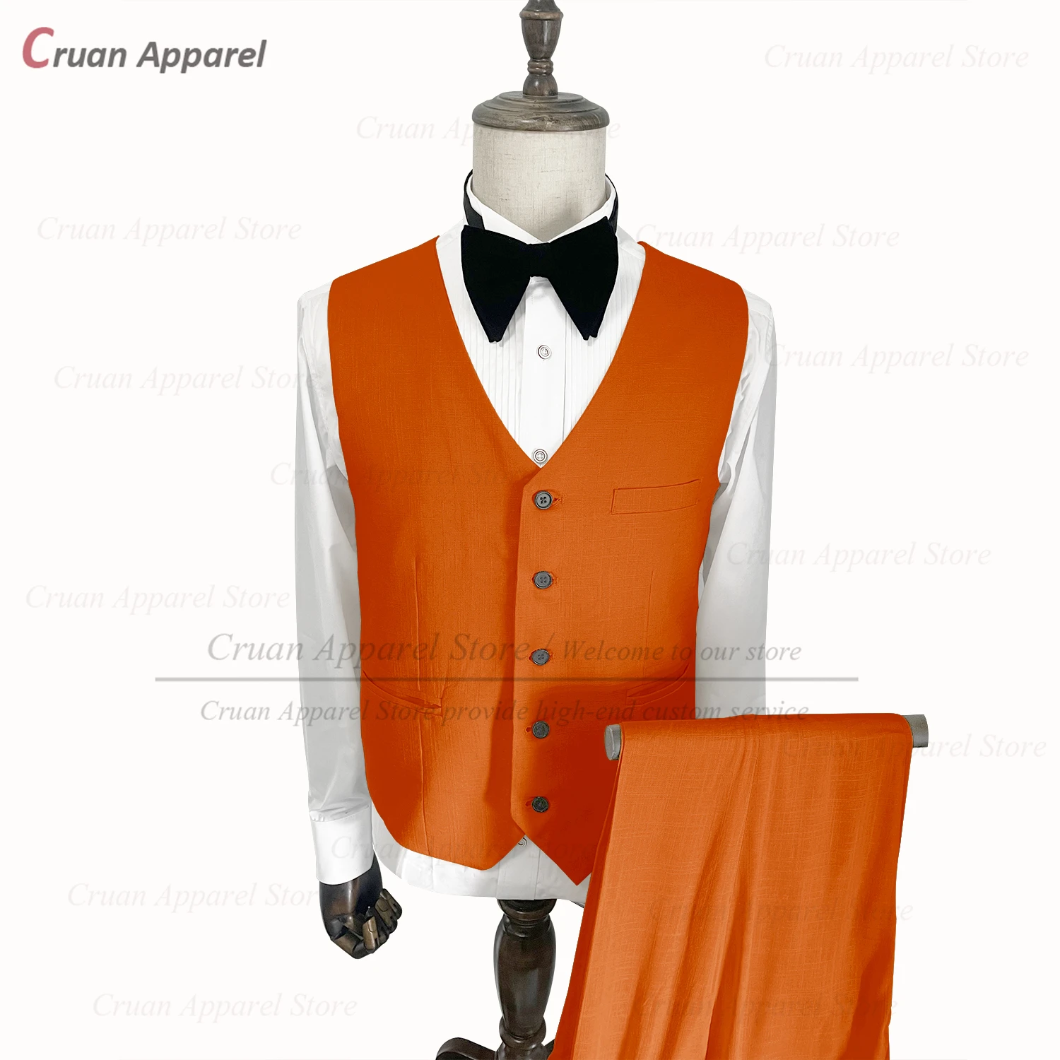 

Orange Linen Suit Men 2 Pieces Tailor-made Casual Mens Suit Vest Pants Set Summer Beach Thin Wedding Tuxedo for Groom Groomsmen