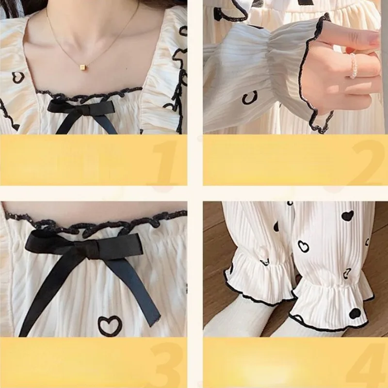 2024 New Pajama Women Autumn Long-sleeved Cotton Loungewear Square Collar Cute Homewear Two-piece Suit Loose Falbala Sleepwear