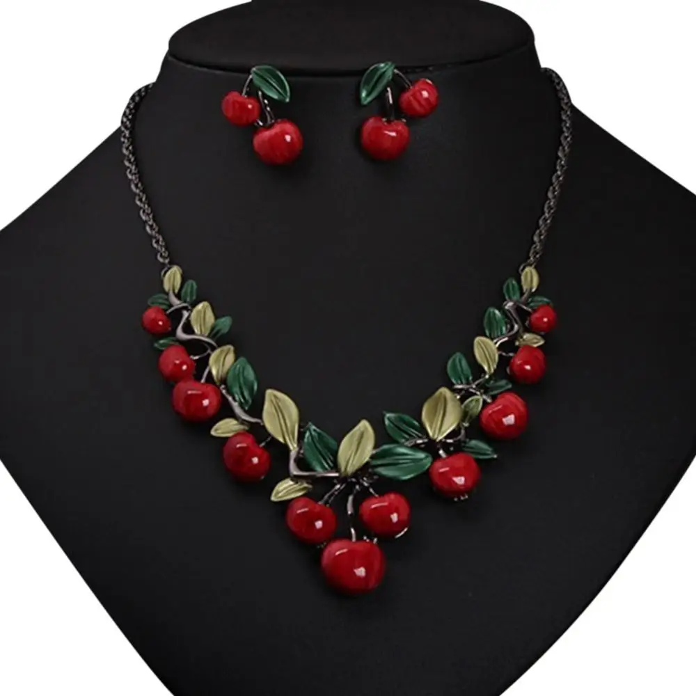 1 Set Vintage Red Cherry Fruit Necklace Earrings Jewelry Set Chic Bridal Wedding Necklace Jewelry Accessories 1