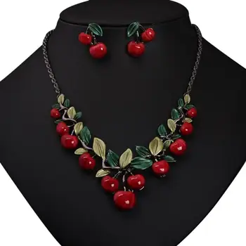 1 Set Vintage Red Cherry Fruit Necklace Earrings Jewelry Set Chic Bridal Wedding Necklace Jewelry Accessories 1