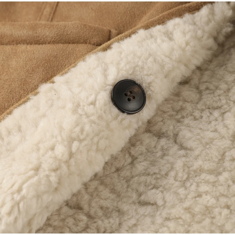 Wende-Lammfelljacke für Damen, Beige, Braun, zweiseitig, Stehkragen, Knopfverschluss, Taschenmantel, 2022, Herbst, Damen-Freizeitkleidung – Detail 9