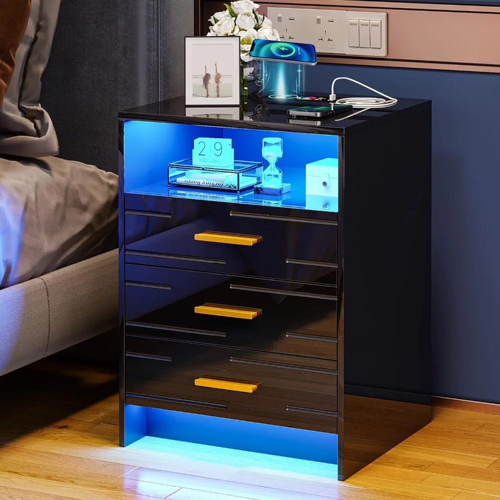 Nightstands, Black with Wireless Charging Station and Lights, 3 Drawers, Modern Bedside Table, Nightstands