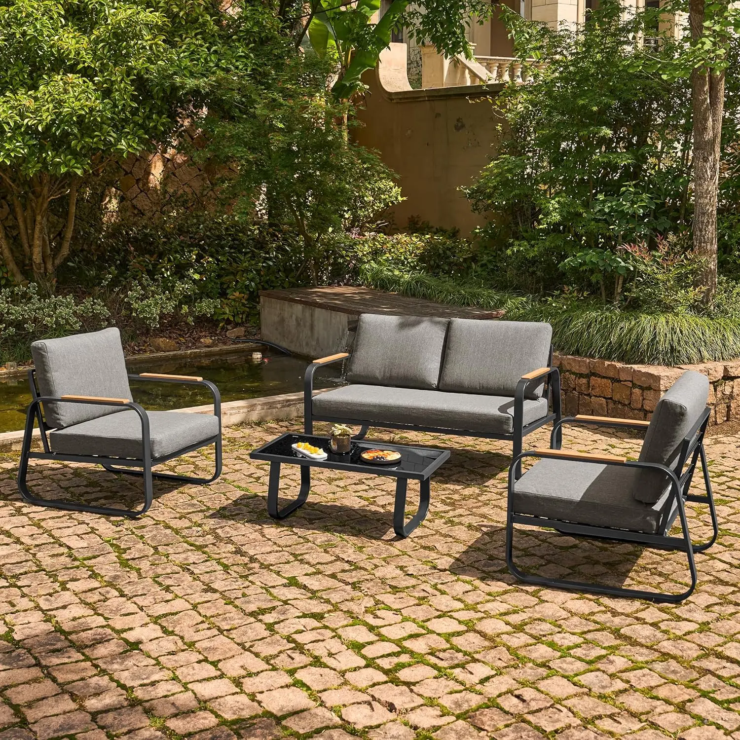 

EAST OAK 4-Piece Patio Furniture Set, Outdoor Patio Set with Sofa, Removable & Washable Deep Seating Cushion,