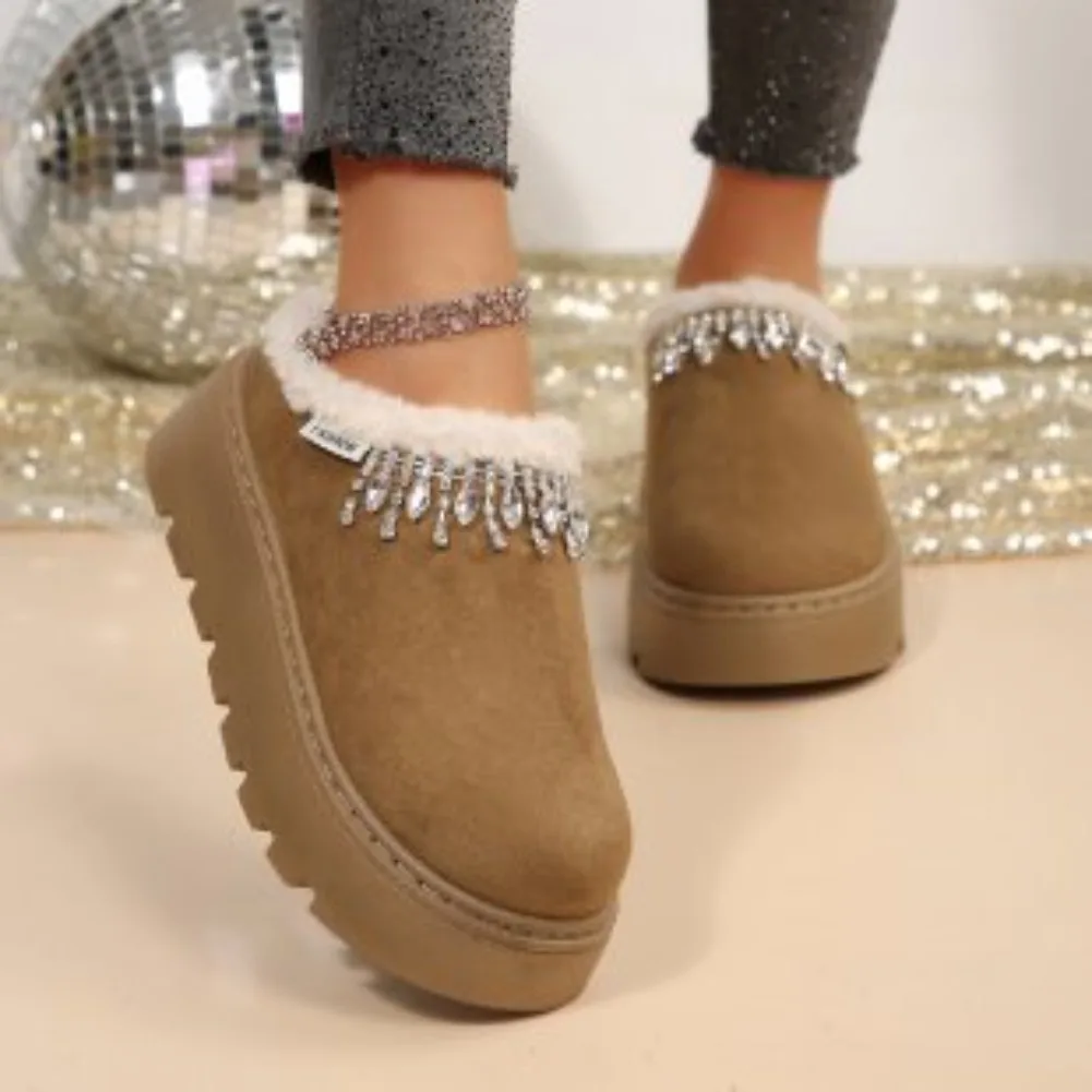Rhinestone decoration Cotton Platform Slippers Women Autumn Winter Plush Warm Cotton Shoes Woman Plus Size Anti Slip Snow Boots