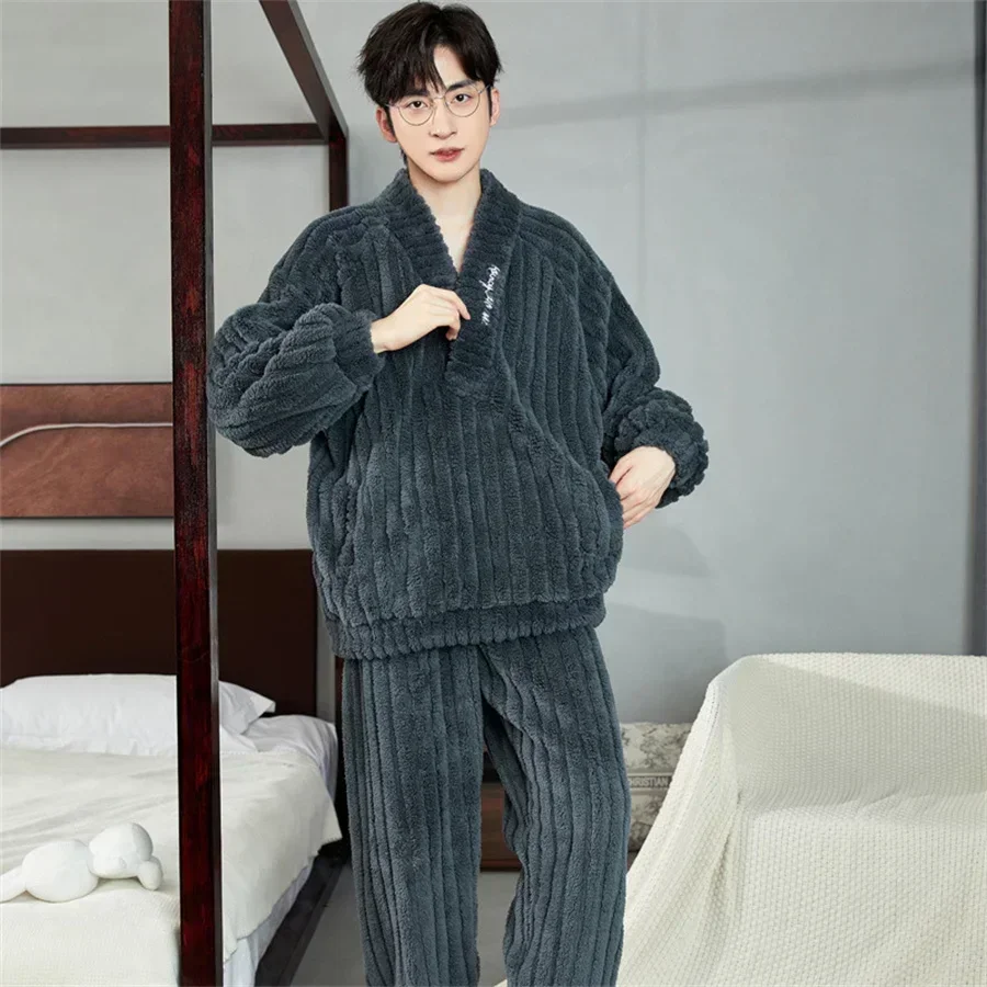Pajamas Set Men Winter Coral Fleece 2 Piece