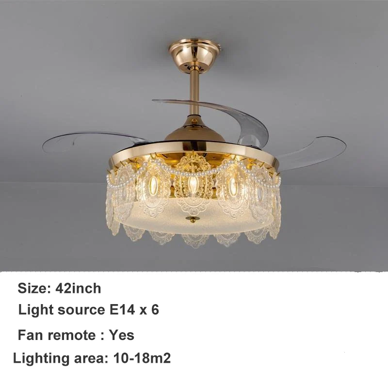 42"Invisible Ceiling Fan Chandelier Light Modern Crystal Ceiling Fan Lamp Remote Control For Bedroom Gold Decro