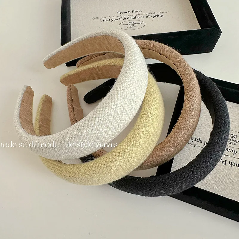 Thick Padded Wool Headband Solid Color Knit Wide Cross Puffy Hair Rope New Headwear Stylish Elegant Warm Women Hair Accessories vietnam strong color preserving sand gold wool ball large hole septum beads diy hand woven rope chain transfer beads accessories