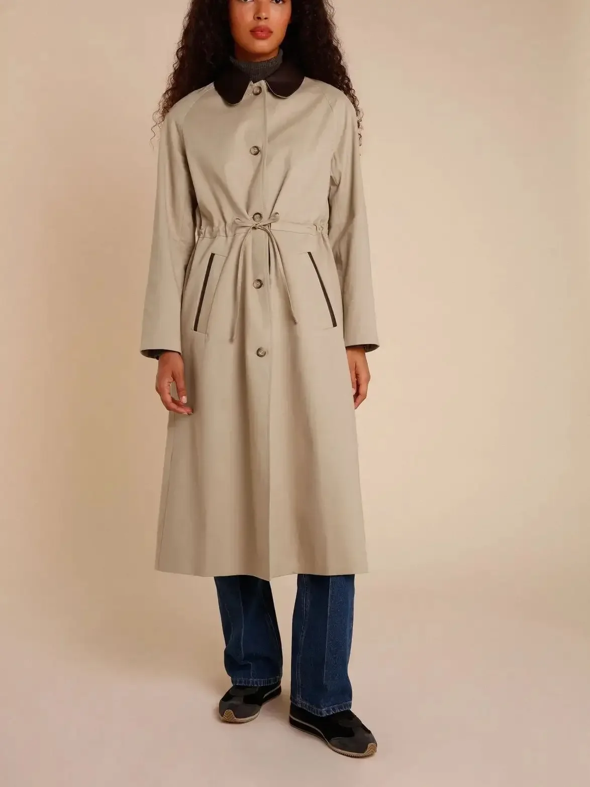 

Autumn New Women's Mid-Length Trench Coat Drawstring Waist Contrast Color Turn-down Collar Single-Breasted OL Loose Windbreaker