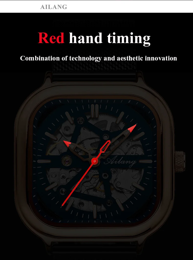 AILANG Top Skelett Quadrat Mechanesch Fir Männer Automatesch Handgelenk Waasserdicht Mesh Gürtel es_voghion.com