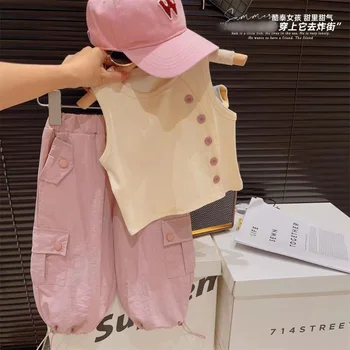 여아용 단추 조끼 핑크 카고 바지 수트, 2 ~ 8 세 여아 여름 옷, 신상