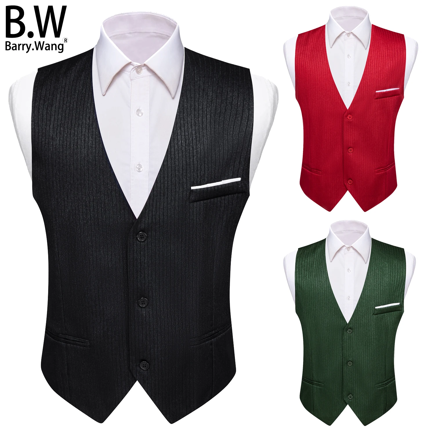 

Barry.Wang Luxury Silk Men Vest Jacquard Striped 3 Buttons Formal Casual Waistcoat Sleeveless Jacket Male Wedding Business Party