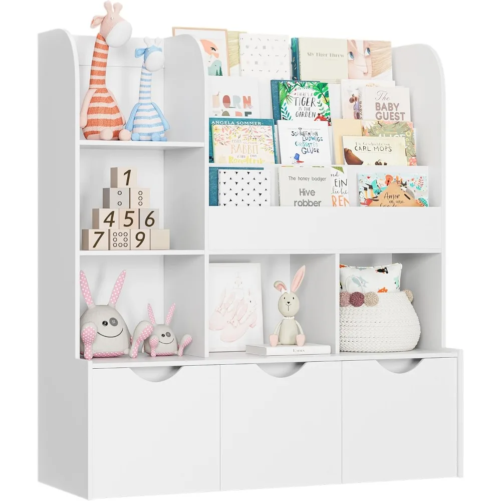 Kids Bookcase and Bookshelf, Multifunctional Bookcase with 5 Storage Cubbies and 3 Movable Drawers, Toy Storage Organizer