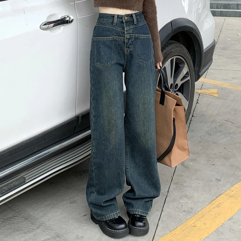 Thick Velvet Baggy Jeans For Women Y2k High Waisted Winter Thermal Wide Leg Pants Female Keep Warm Denim Trousers Retro Blue