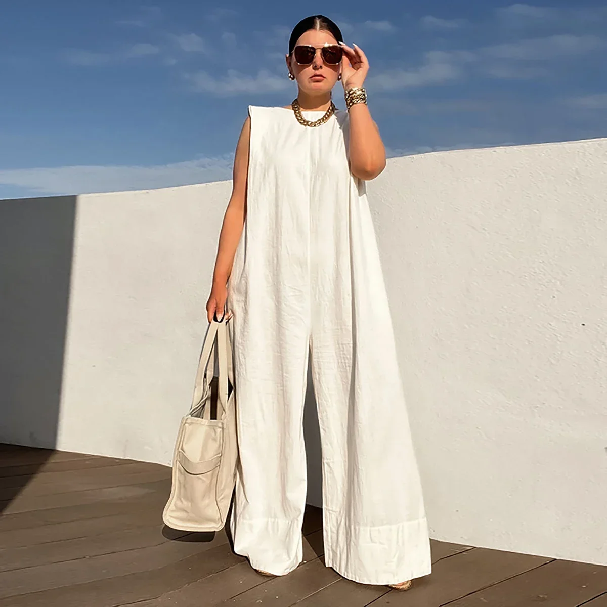 2024 New Solid Color Sleeveless Wide Leg Fitness Summer Fashion Female Loose White Black Casual Cool Jumpsuits for Women