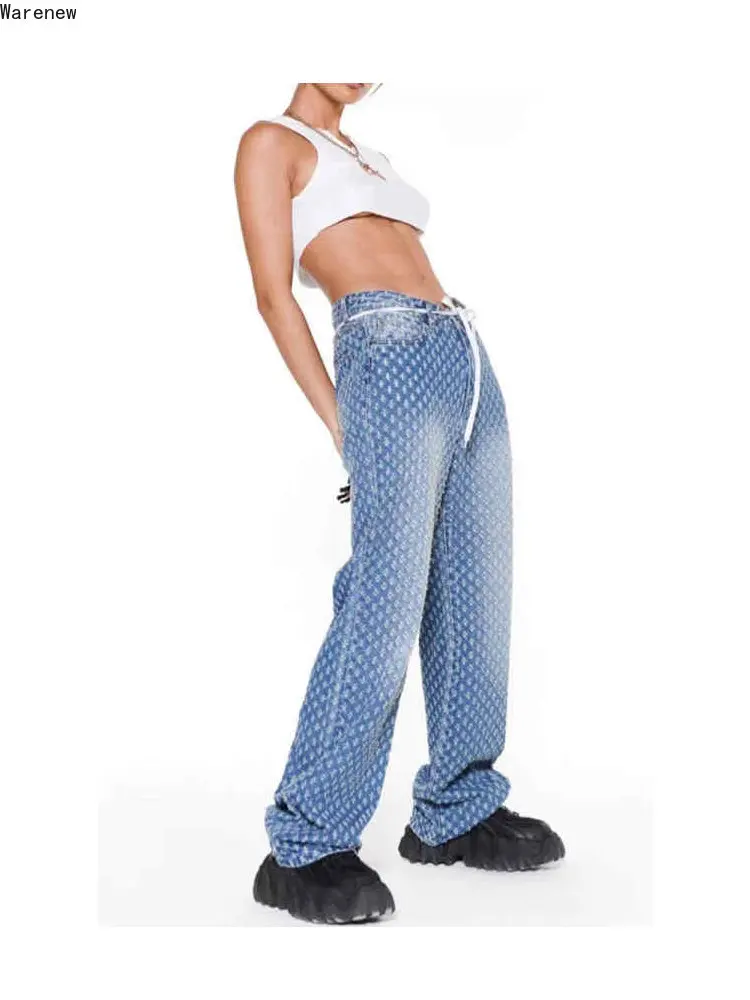 

American Retro High Waist Straight Jeans Pants 2023 Women Casual Baggy Y2K Wide Leg Grunge Street Style Dot Print Denim Trouser