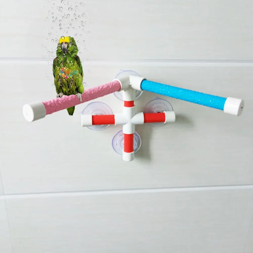 Suction Cups Pet Birds Parrots Bathing Shower Standing Platform Bar Dual Stick Paw Grinding Bracket Station Interesting Perches 3