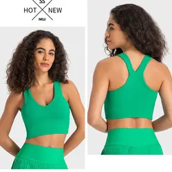 Solid Color Wide Shoulder Strap V-Neck Women Sports Tank Fitness Yoga Bra Crop Top Push Up With Chest Pad High Impact Shockproof